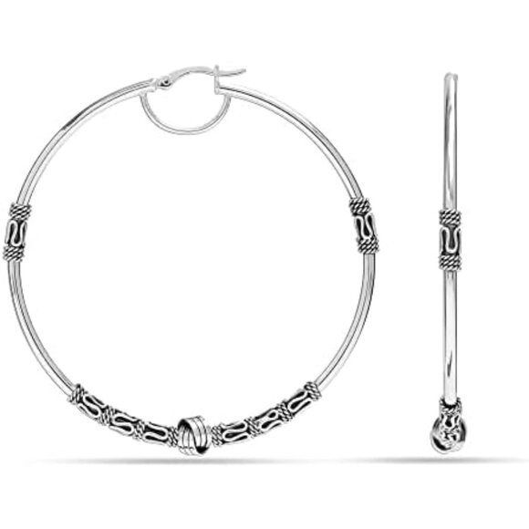 925 Sterling Silver Large Hoop Earrings 60mm Bohemian Bali Oxidized Two-Tone Jew